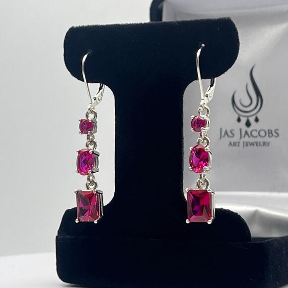 Beautiful 5ct Multi Cut Ruby Earrings in Sterling Silver Lab Grown Ruby - Picture 3 of 4